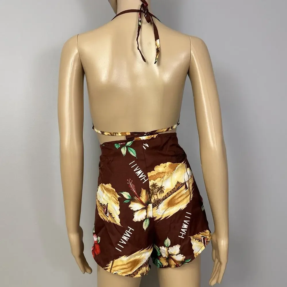 NEW Vintage Hawaiian Set Medium Wrap Shorts Triangle Bikini Top Hukilau Fashions